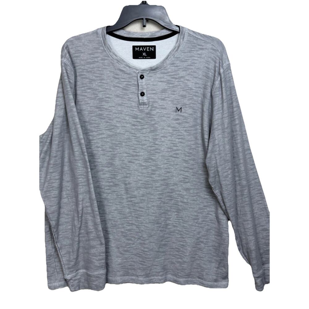 MAVEN Men's Henley T-Shirt Sweater Long Sleeve Gray XL Lightweight Casual Preppy